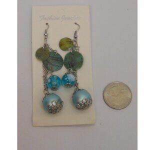 Women Fashion Drop Dangle Earrings Blue Beads Chains Silver Tones Hook Fasteners